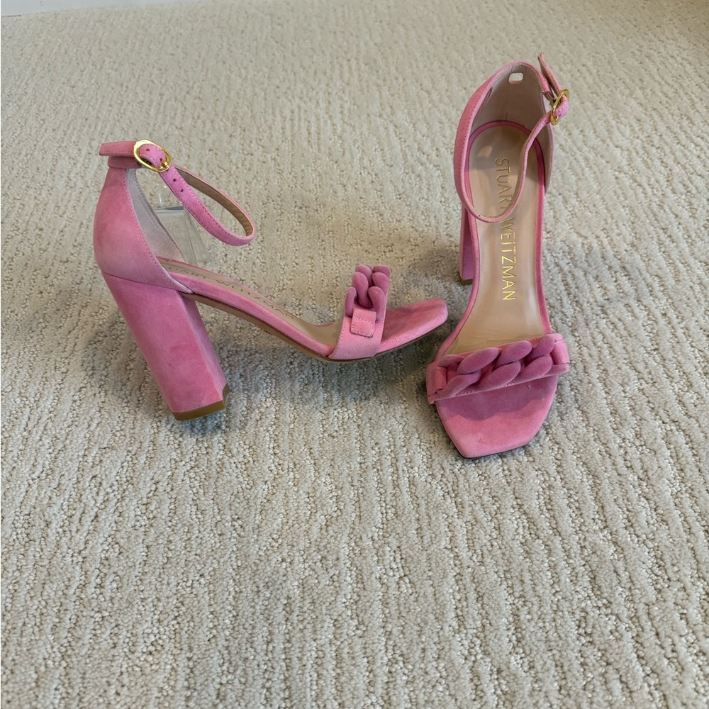 Stuart Weitzman Pink Suede Block Heel Sandals
